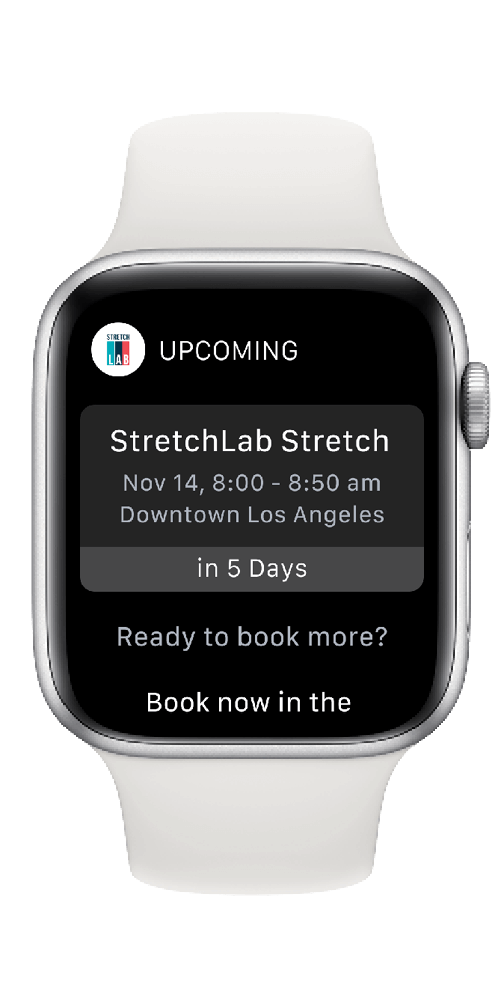 Apple watch displaying upcoming StretchLab session